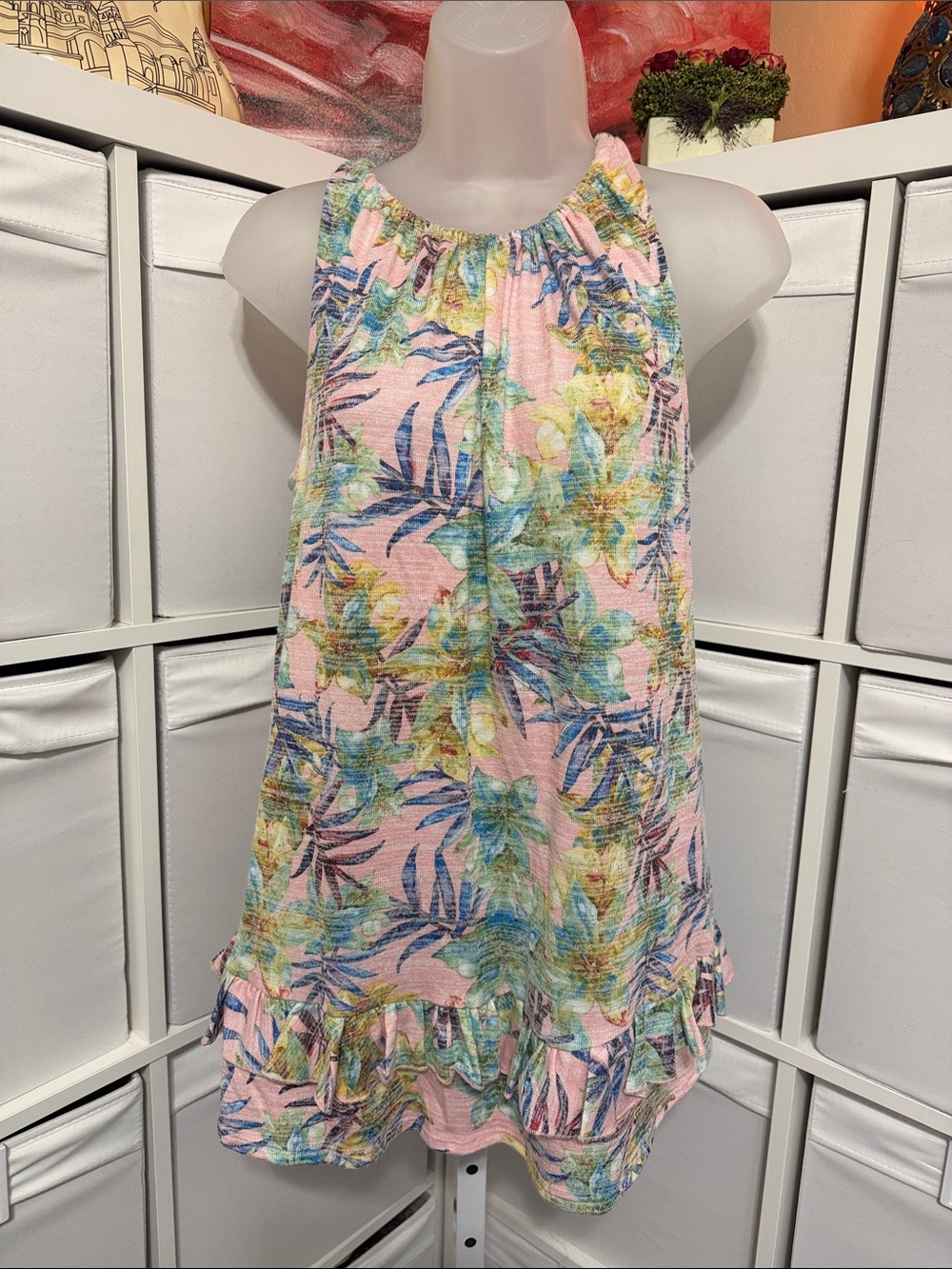 NWT Cupio ultra soft Pink Tropical Floral Ruffle halter style tank Top
